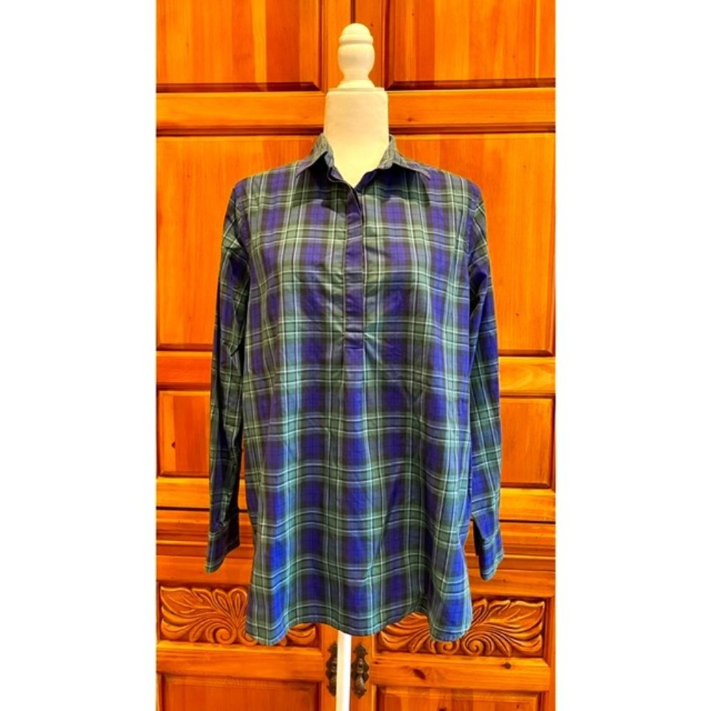 Land's Eng Plaid Pop Over Tunic - Blue/Green Plaid - Size 12